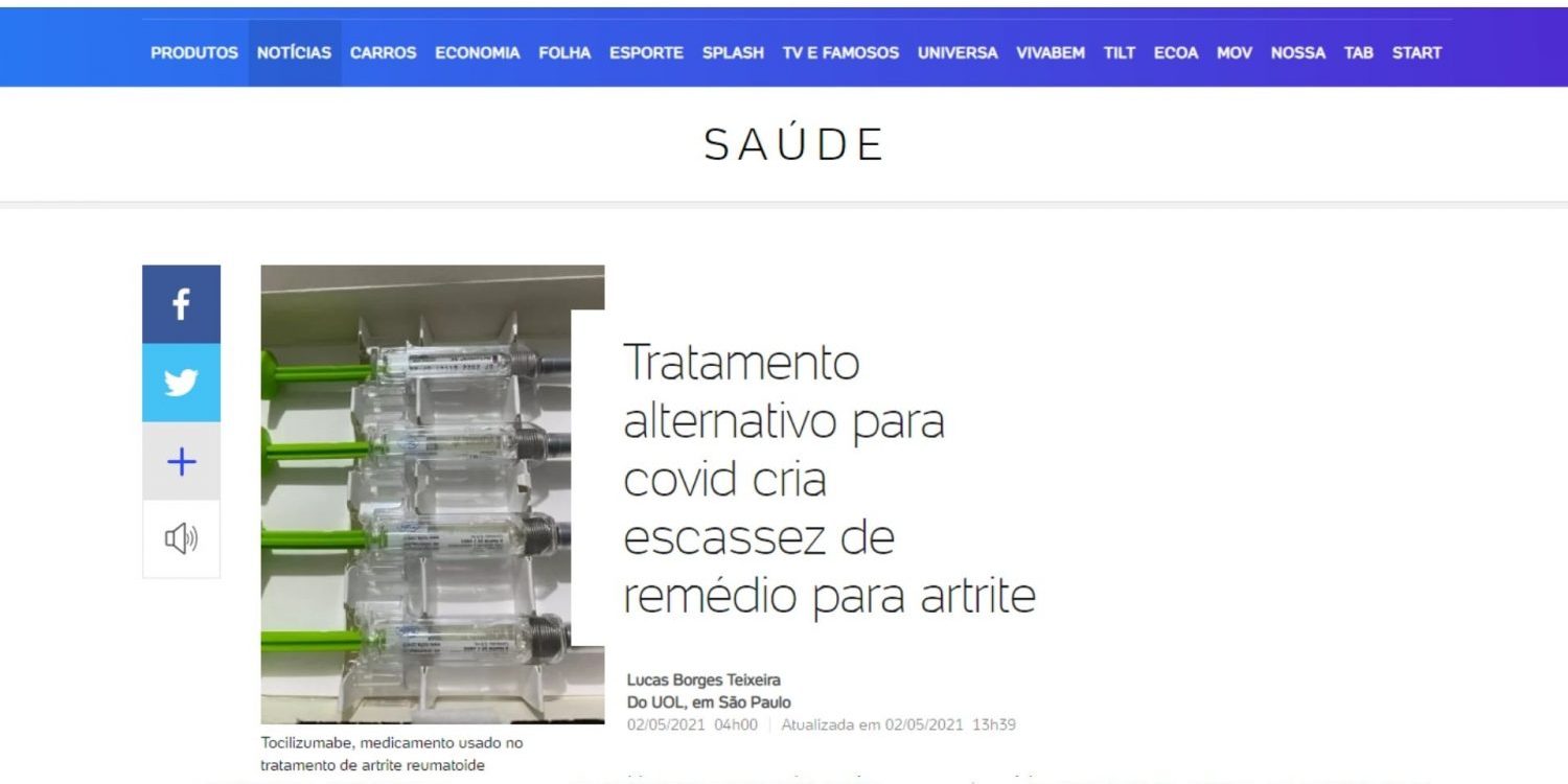 UOL – Tratamento alternativo para covid cria escassez de remédio para artrite