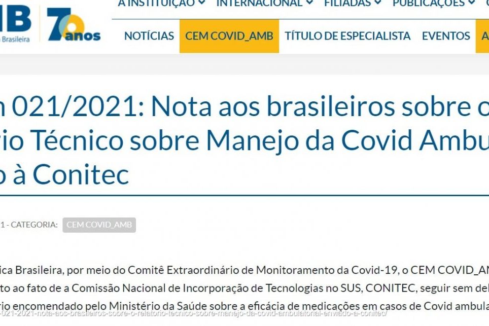 Screenshot of Boletim 021_2021_ Nota aos brasileiros sobre o Relatório Técnico sobre Manejo da Covid Ambulatorial enviado à Conitec – AMB